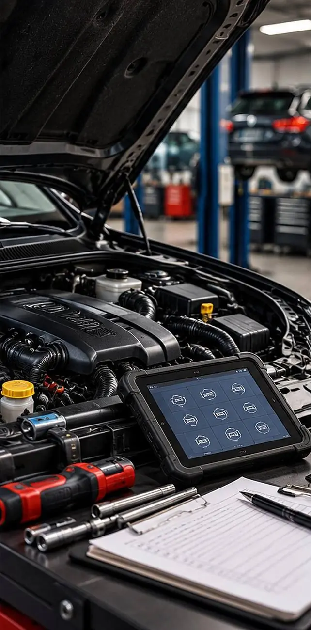 Diagnostic scan tool connected to a car engine